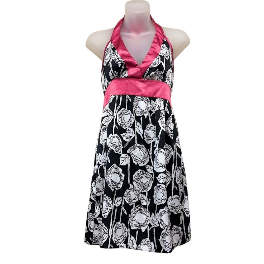 Vintage Wet Seal Halter Dress Y2K Black Pink Floral Satin Mini Dress Size S